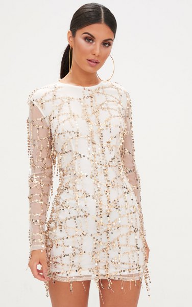 white sheath dress with sequin embroidery