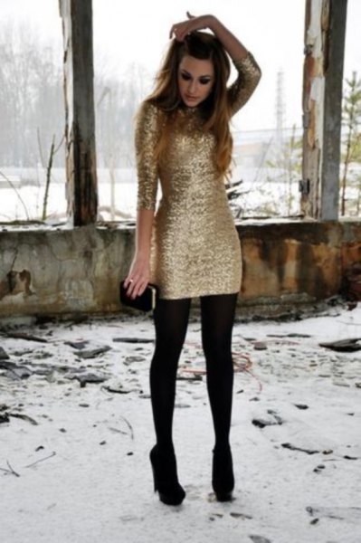 long sleeve gold dress stockings black heels