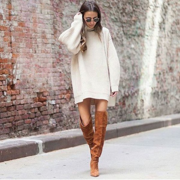 white ribbed straight fit sweater dress with camel boots