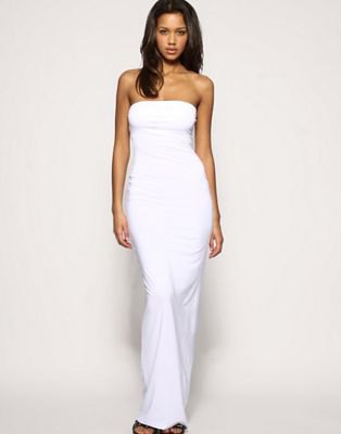White tube maxi bodycon dress, black open toe heels