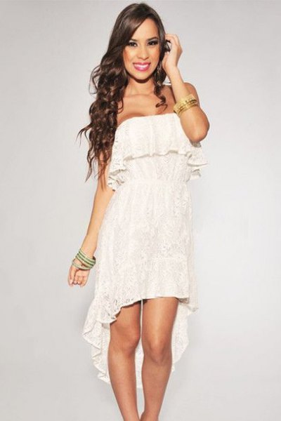 Strapless high low lace dress with white ruffles