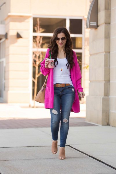 white scoop neck tank top and pink cardigan