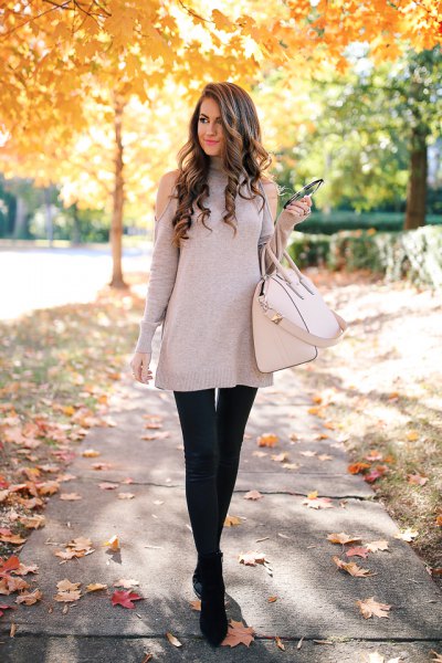 gray cold shoulder tunic sweater and black leather leggings