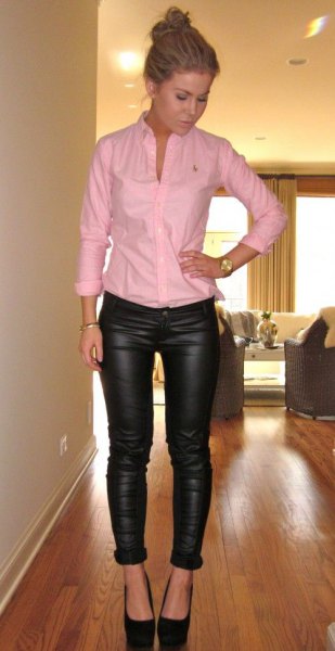 Blush pink button up shirt with black leather leggings