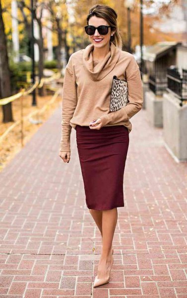 Blush pink cowl neck sweater and maroon pencil skirt