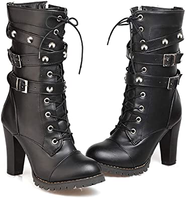Amazon.com |  Susanny Women's Mid Calf Leather Boots High Heel Lace.