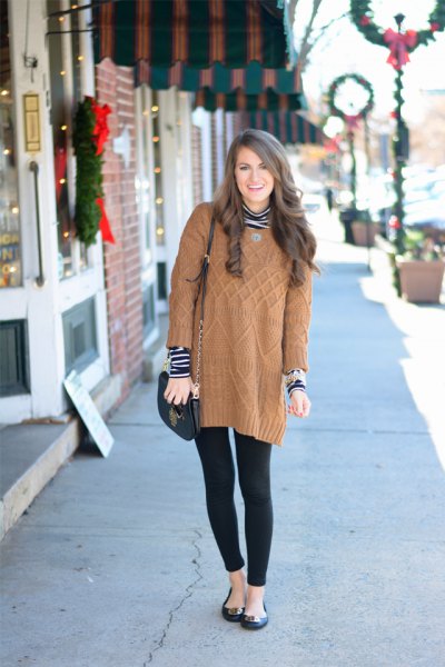 long light brown knit sweater with black and white striped top