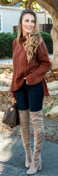 brown ribbed turtleneck sweater and gray thigh high boots