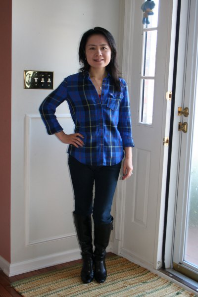 blue plaid shirt with dark skinny jeans and knee high boots