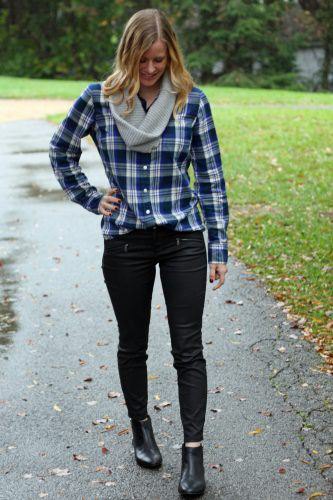 Navy flannel plaid shirt with gray infinity scarf