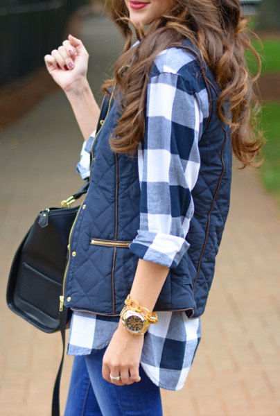 Dark blue and white flannel shirt with a dark blue quilted waistcoat
