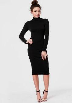 Long sleeved midi dress with a high neck and open toe heels