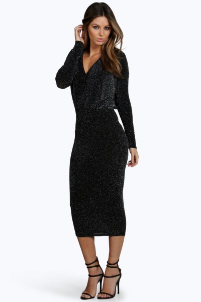 Black Long Sleeve Open Toe Bodycon Midi Dress With Plunging V Neck
