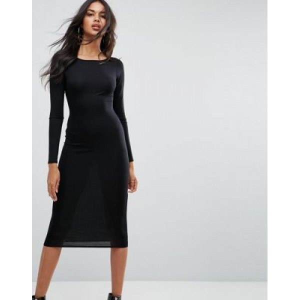 black long-sleeved cotton midi dress with leather ankle boots