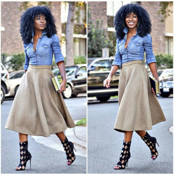Blue chambray shirt with red flared midi skirt and plaid open toe heels