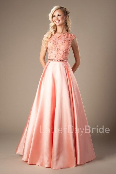 Coral ball gown lace bodice