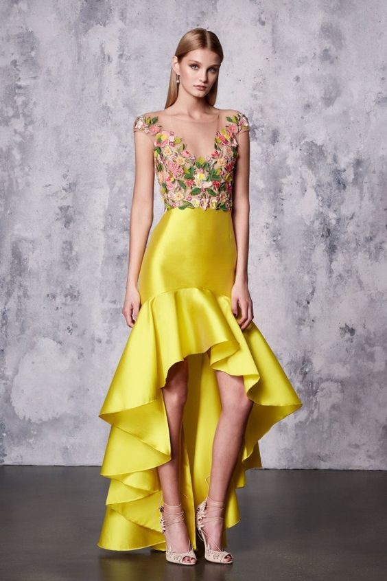 high low prom dress yellow floral