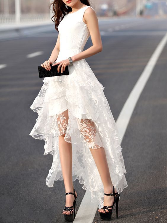 High Low Ball Gown White Lace