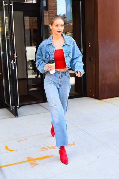 Light blue cropped denim motorcycle jacket with red crop top