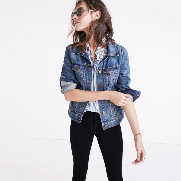 Denim motorcycle jacket with a striped shirt and black skinny jeans