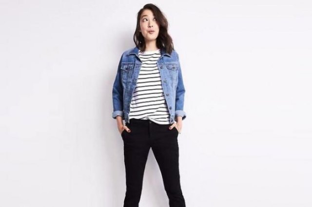 Blue relaxed fit denim jacket and black and white striped t-shirt