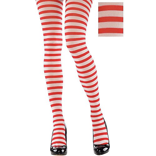 red and white horizontal striped leggings and black leather rounded-toe heels