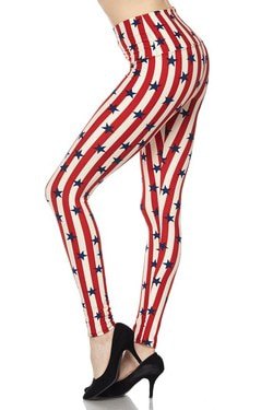 striped leggings with red and white stars and black ballet flats