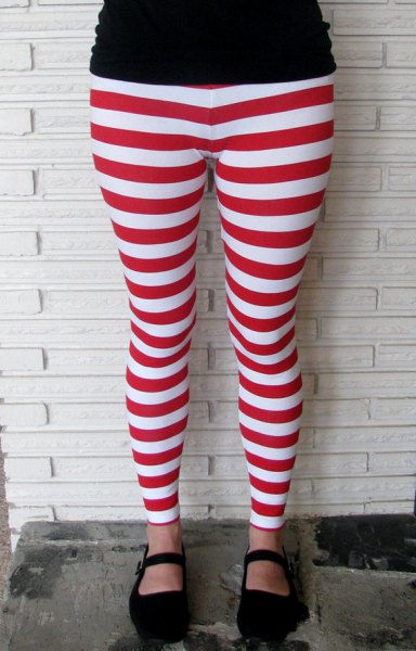 black t-shirt with red and white striped leggings and slippers