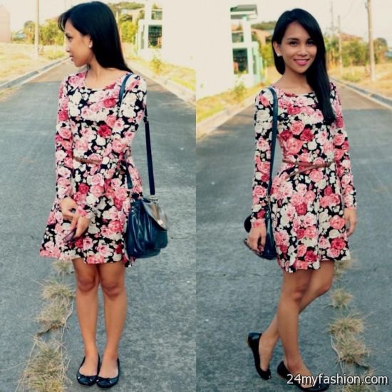 Black, pink and white rose detail long sleeve dress