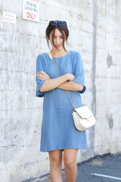 blue chambray shift mini dress with half sleeves