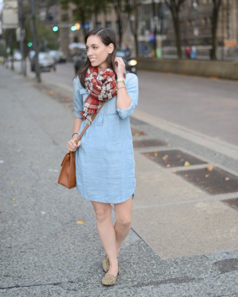 Light blue mini shift dress with red and pink plaid scarf