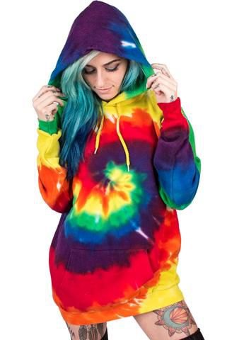 red-blue and yellow tie-dye sweater dress with hood and overknee boots