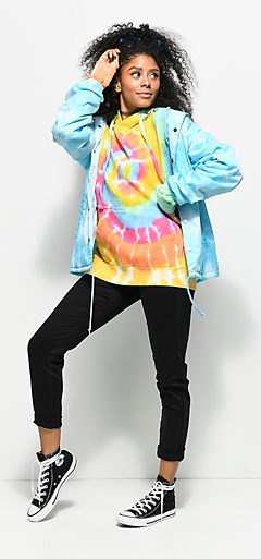 Colorful sweatshirt with a light blue windbreaker