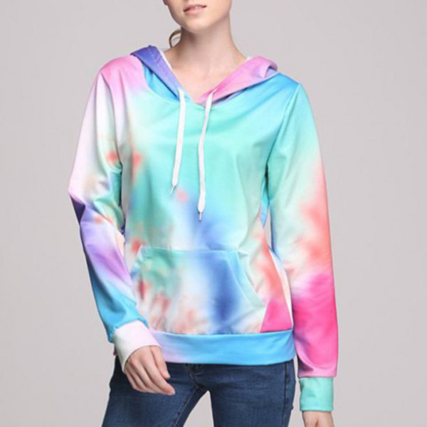 blue-pink hoodie with dark blue skinny jeans