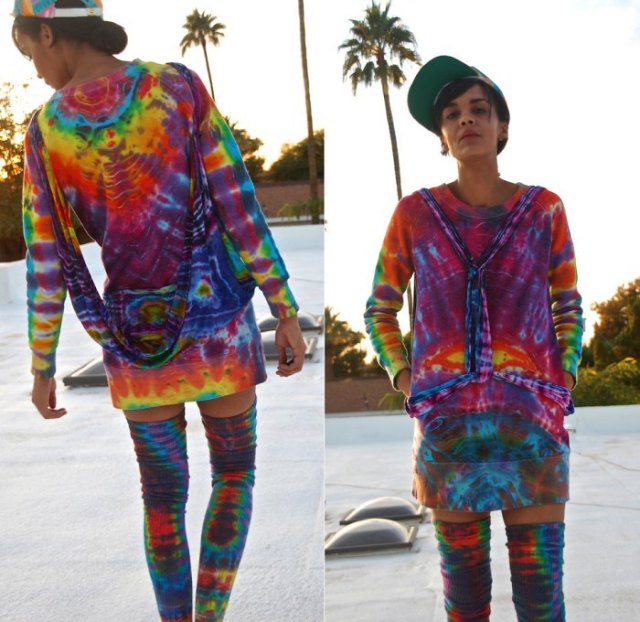 Tie dye sweatshirt dress with matching overknee boots