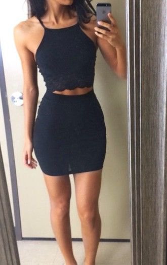 two piece black mini dress with open toe heels and ankle straps