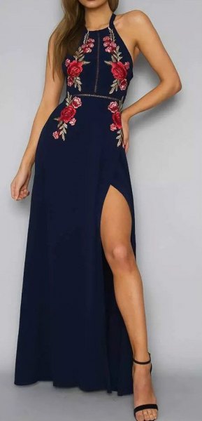 dark blue, floral printed halterneck maxi dress with a high slit