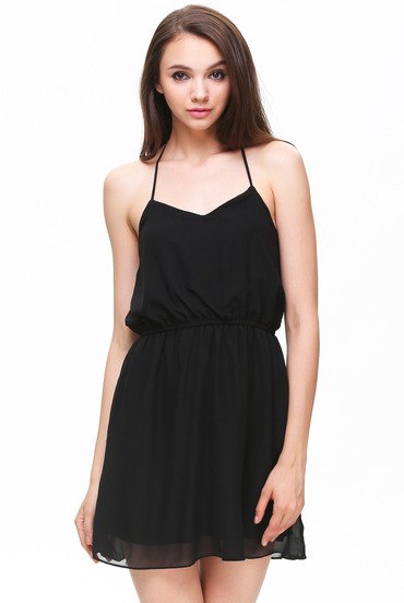 black fit and flare mini dress with chiffon halter spaghetti straps