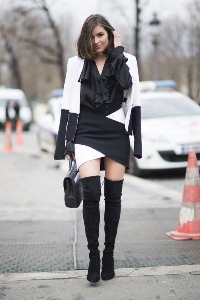 white and black color block blazer with matching mini dress
