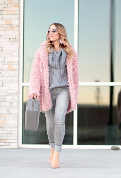 pink faux fur jacket gray cowl neck knit sweater