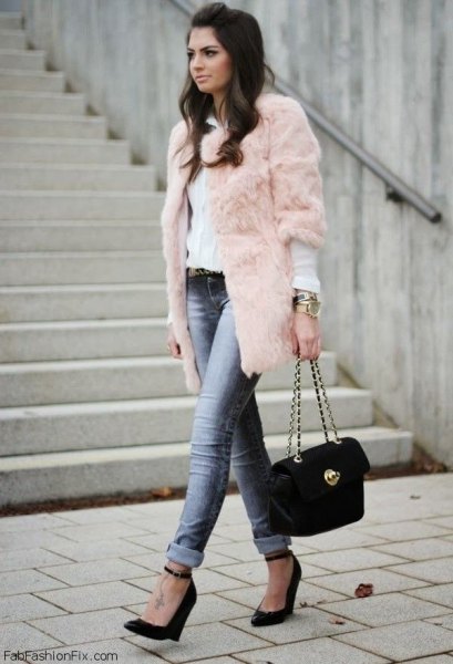 Three-quarter sleeve pink faux fur coat white blouse