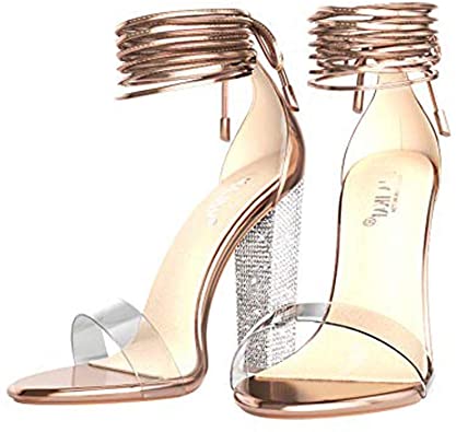 Amazon.com |  LALA IKAI Rose Gold Clear Block Heels Sandals for.