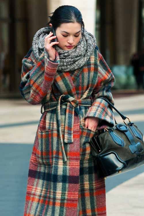 Checked wool wrap coat