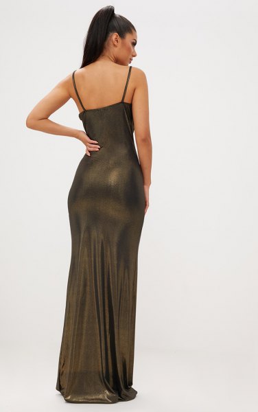 Floor-length tube dress made of bronze with spaghetti straps