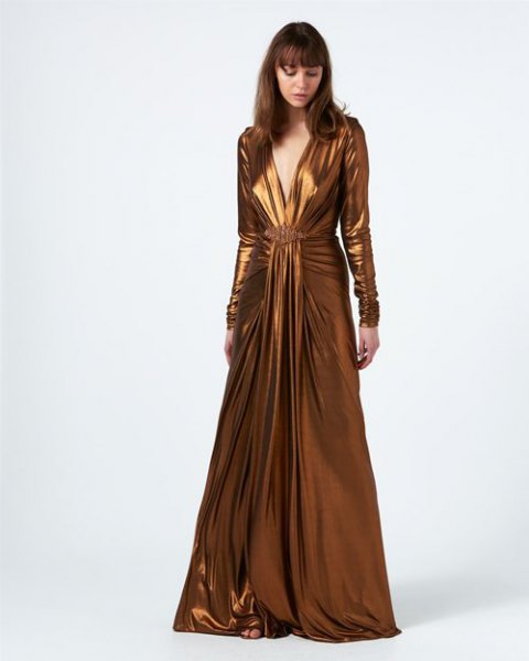 Floor-length, long-sleeved, flowy bronze wrap dress