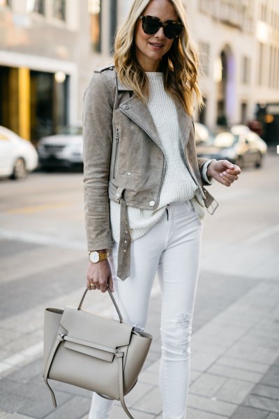 gray suede blazer with relaxed fit white ribbed sweater