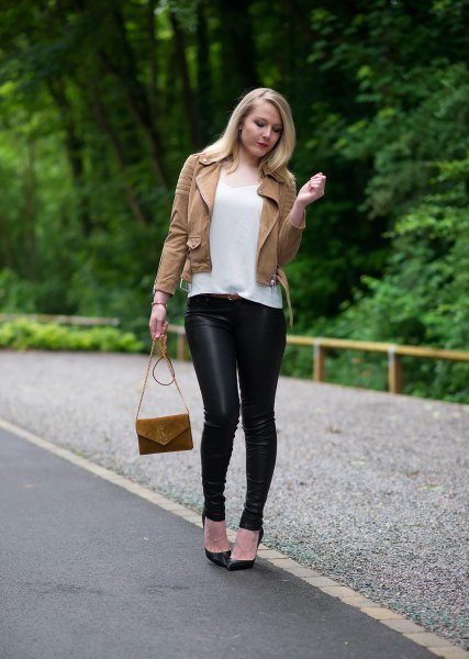 brown suede moto jacket with black leather leggings