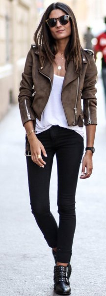 Dark brown suede biker jacket with white tank top and scoop neck