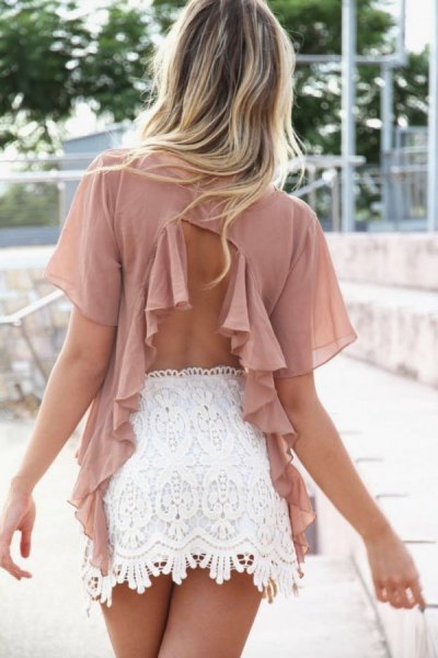 Blush pink chiffon back neckline with white lace mini skirt