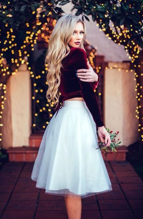 velvet top and white skirt |  Christmas fashion outfits, Christmas.